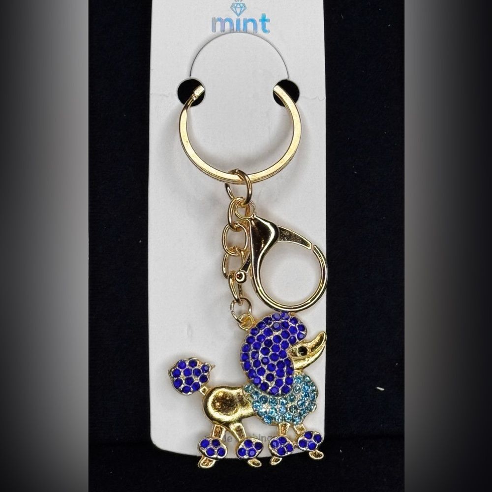 Mint Poodle Dog Keychain - Sparkly Crystal Keyring Blue
